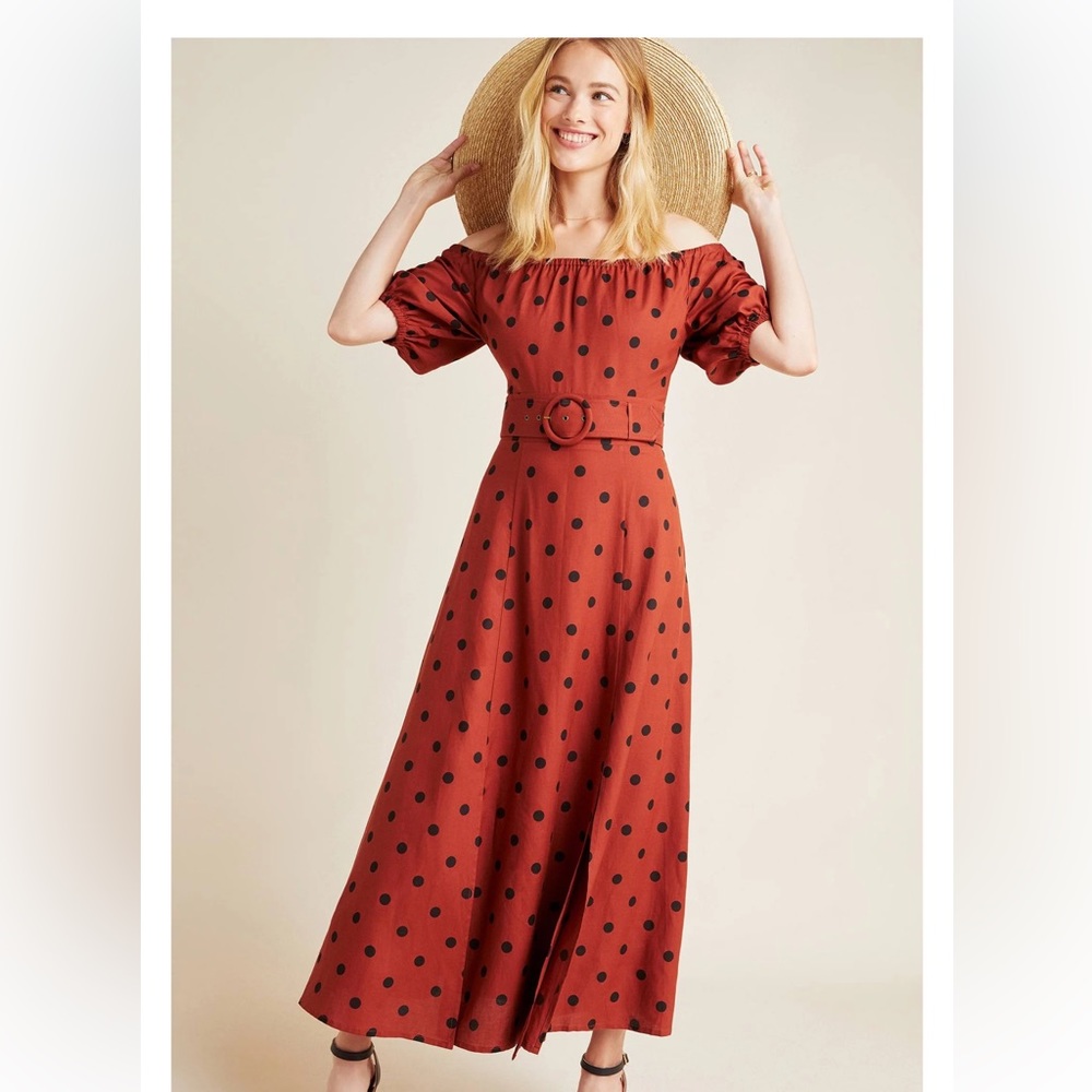 Anthropologie Maeve Lucienne polka dot Off-the-Shoulder Maxi Dress‎ size US 10
